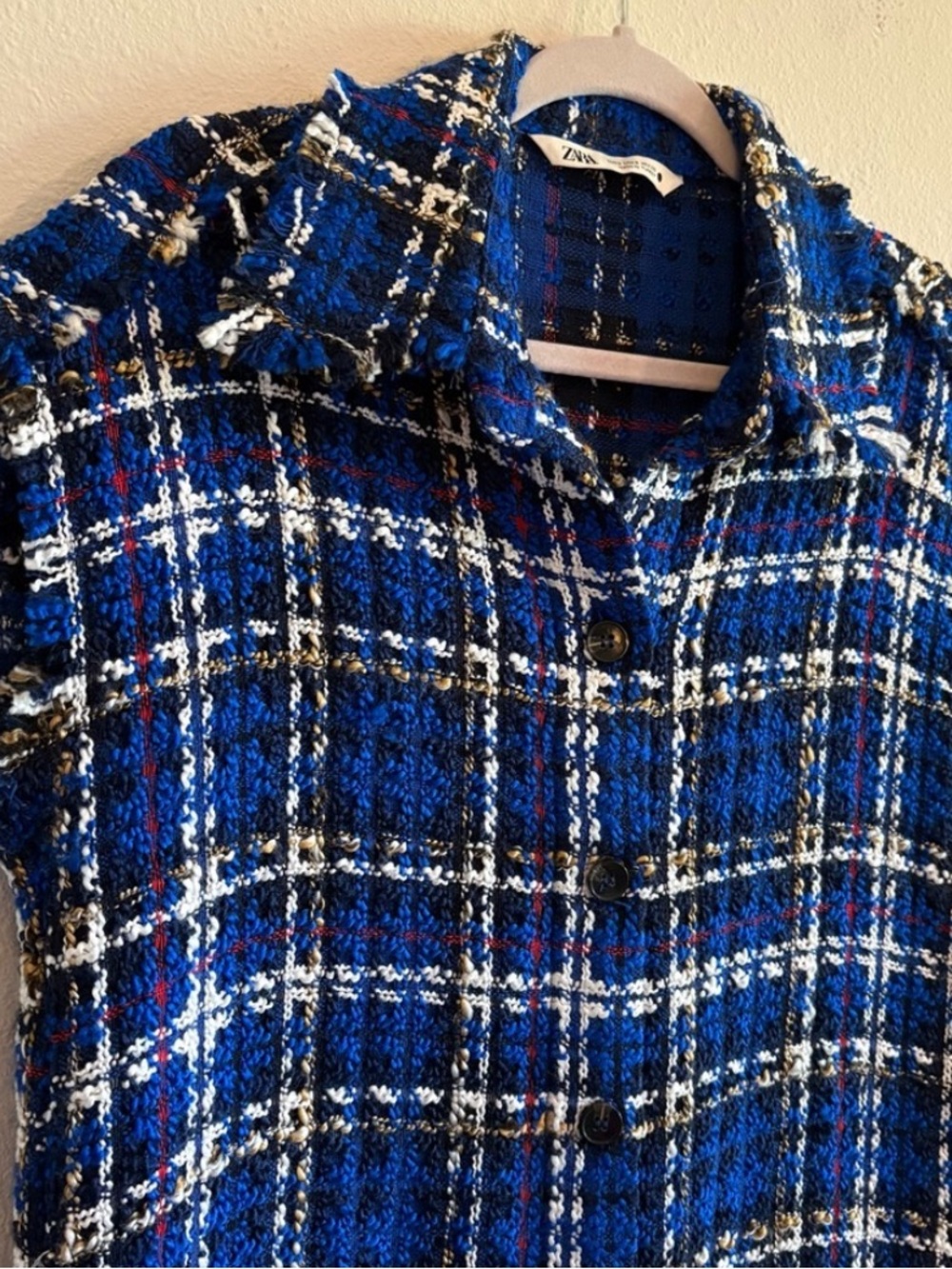 ZARA Blue Plaid Tweed Textured Sleeveless Button-Up dress, S - Picture 4 of 10